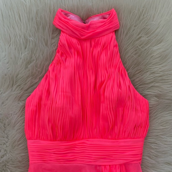 Mac Duggal Neon Hot Pink High Neck Sleeveless Tiered Chiffon Halter Gown 67816 - Picture 3 of 12